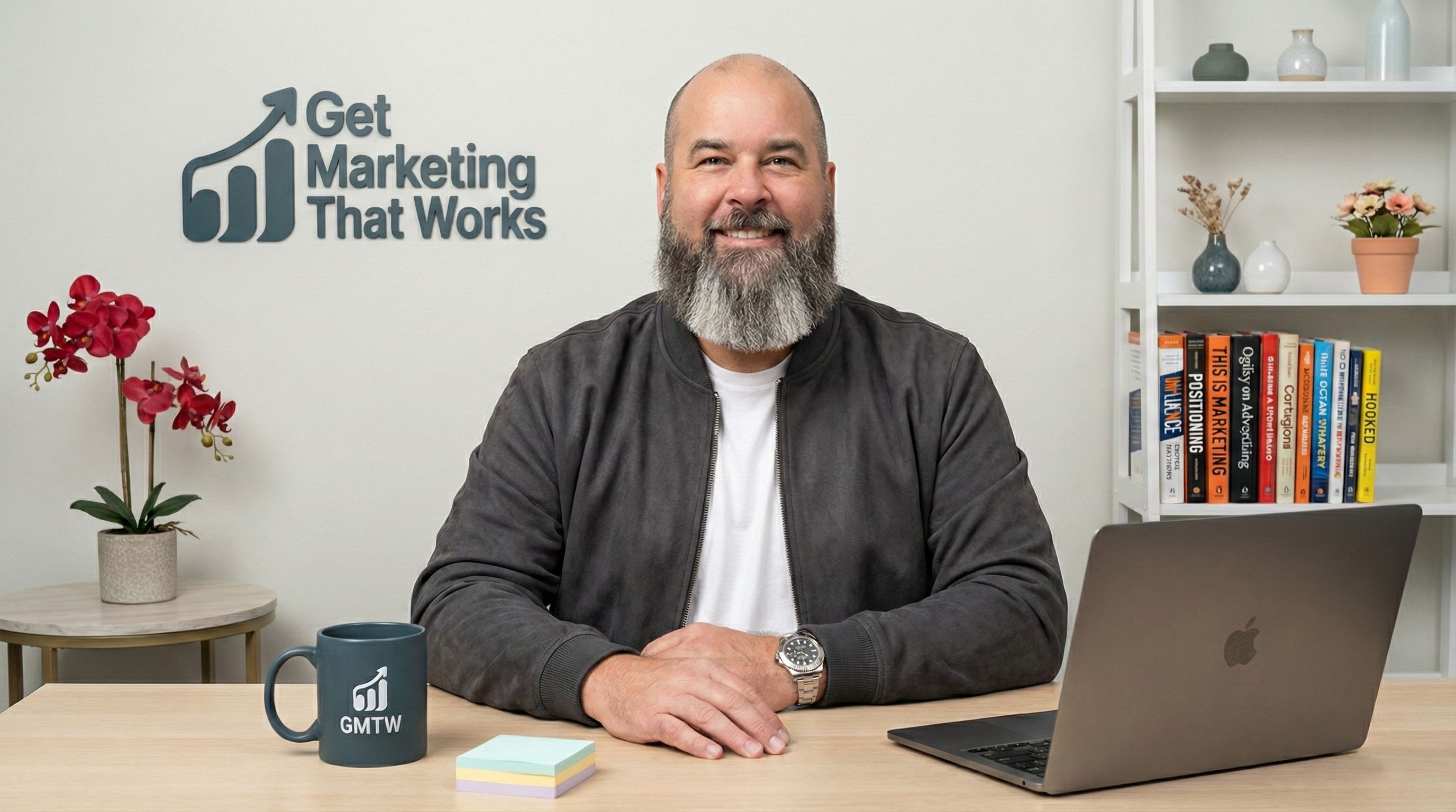 Steve Kress at his desk with GMTW logo, marketing books, and MacBook